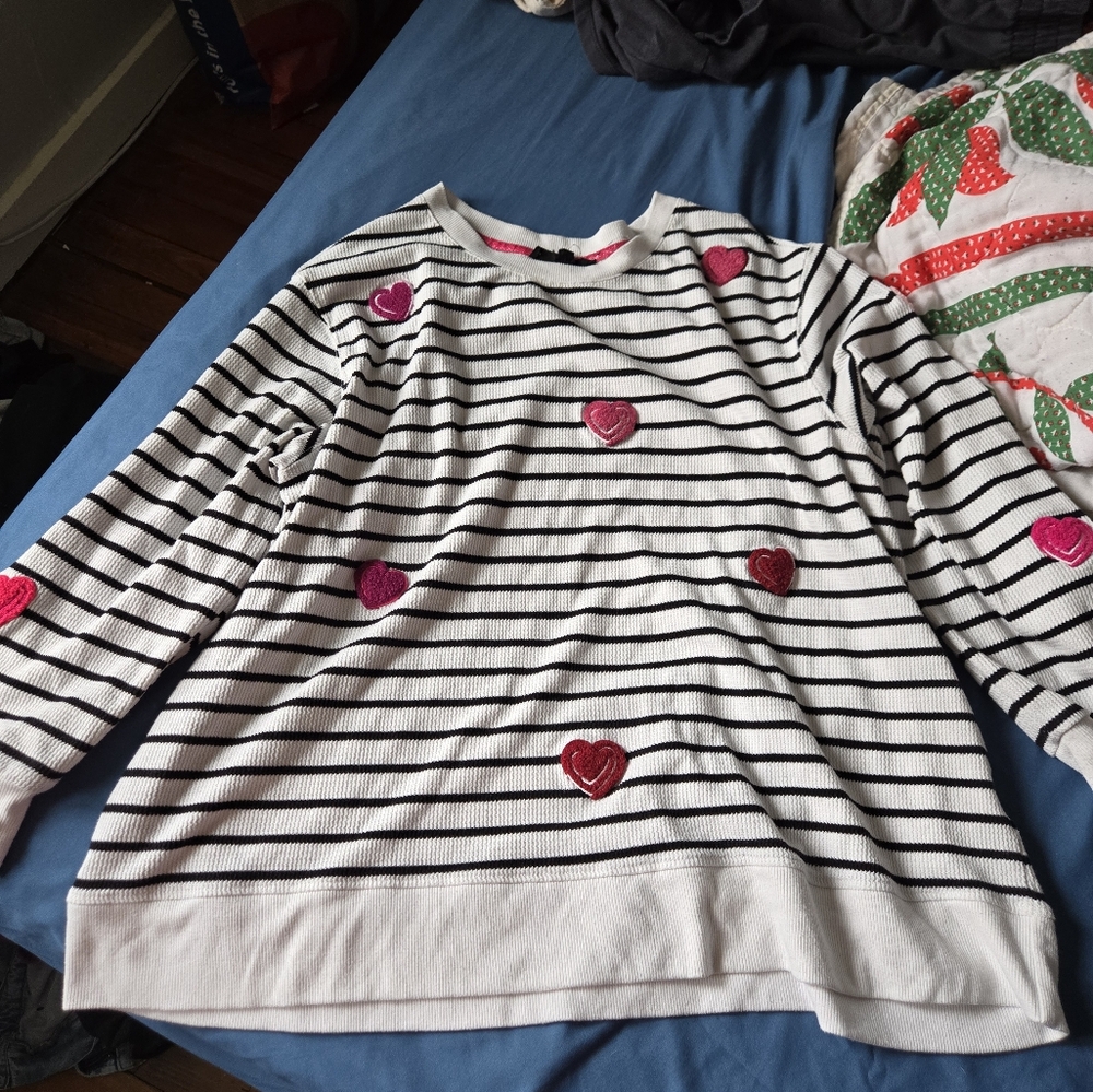 Striped Long Sleeve Shirt with Heart Accents